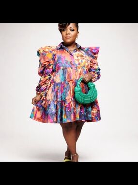 Colorful Abstract Print Puff Sleeve Mini Dress